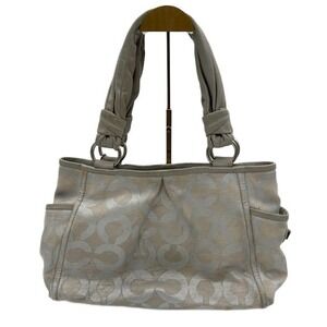 Coach Signature Silver Metallic Beige‎ Leather Canvas Satchel Tote Bag Purse Y2K